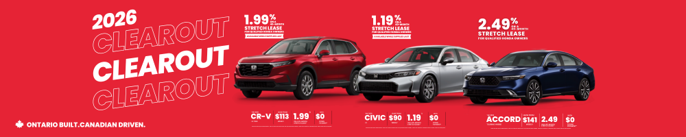 Team Honda 2026 Clearout: stretch lease offers on the Honda CR-V, Civic and Accord. Ontario built. Canadian driven.